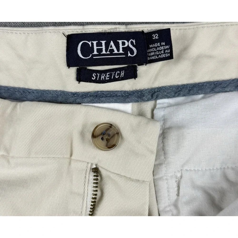 Chaps Stretch Chino Shorts Mens 32 Beige Khaki Flat Front Casual Golf Preppy